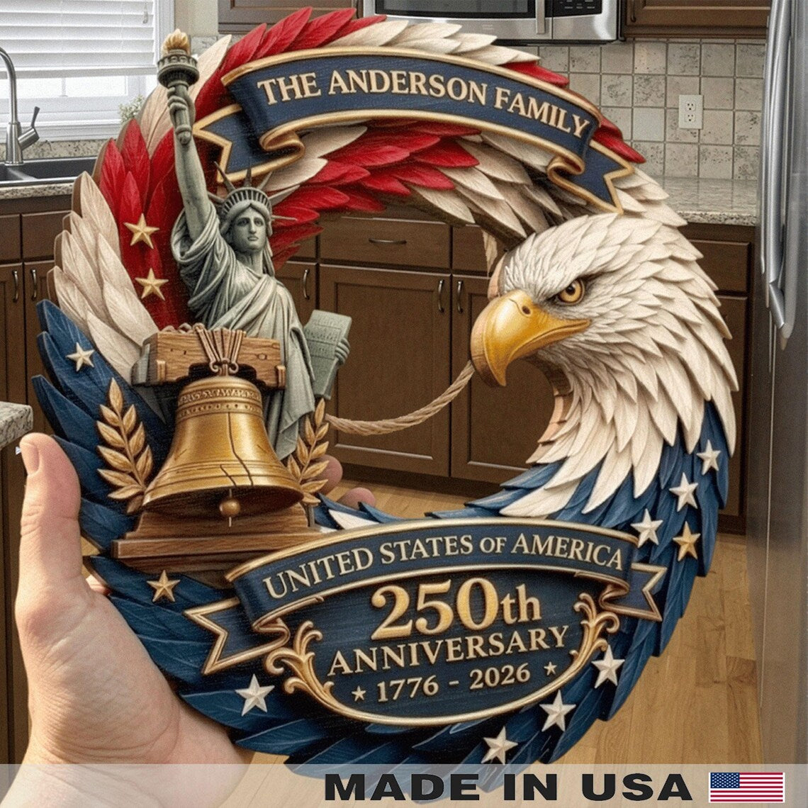 Custom Wood Sign Home decor Independence Day, Personalized America 250th Anniversary, US In Freedom 1776 Wooden Hanging Sign, 4th Of July