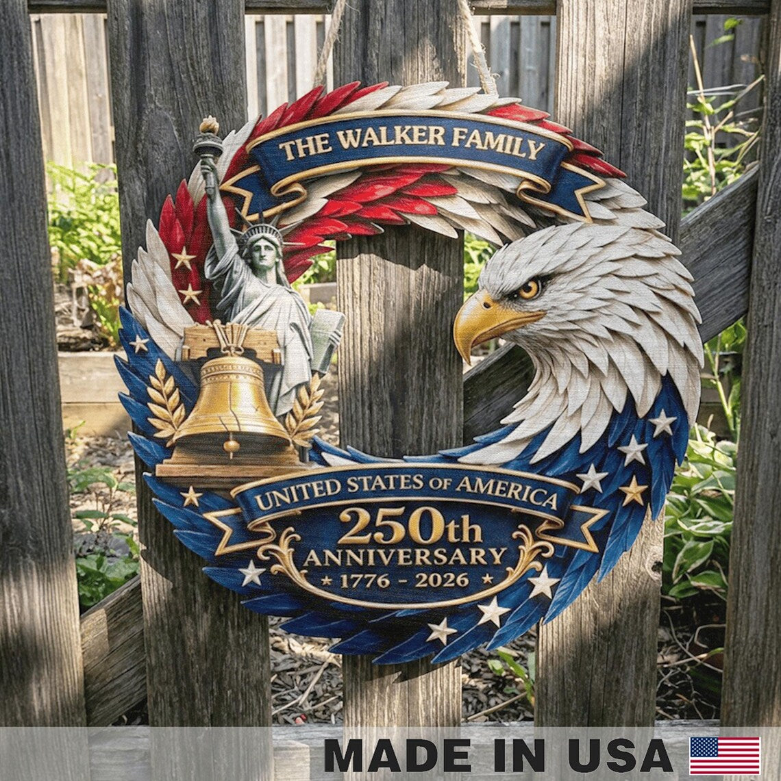 Custom Wood Sign Home decor Independence Day, Personalized America 250th Anniversary, US In Freedom 1776 Wooden Hanging Sign, 4th Of July