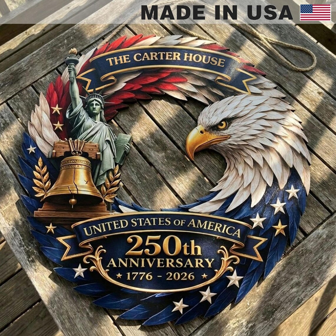 Custom Wood Sign Home decor Independence Day, Personalized America 250th Anniversary, US In Freedom 1776 Wooden Hanging Sign, 4th Of July
