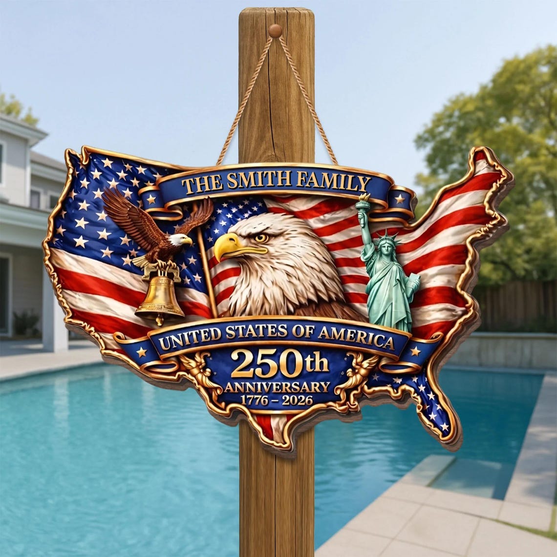 250th Anniversary Wood Wreath Personalized Patriotic Door Sign Decor 1776-2026 Family Name Gift