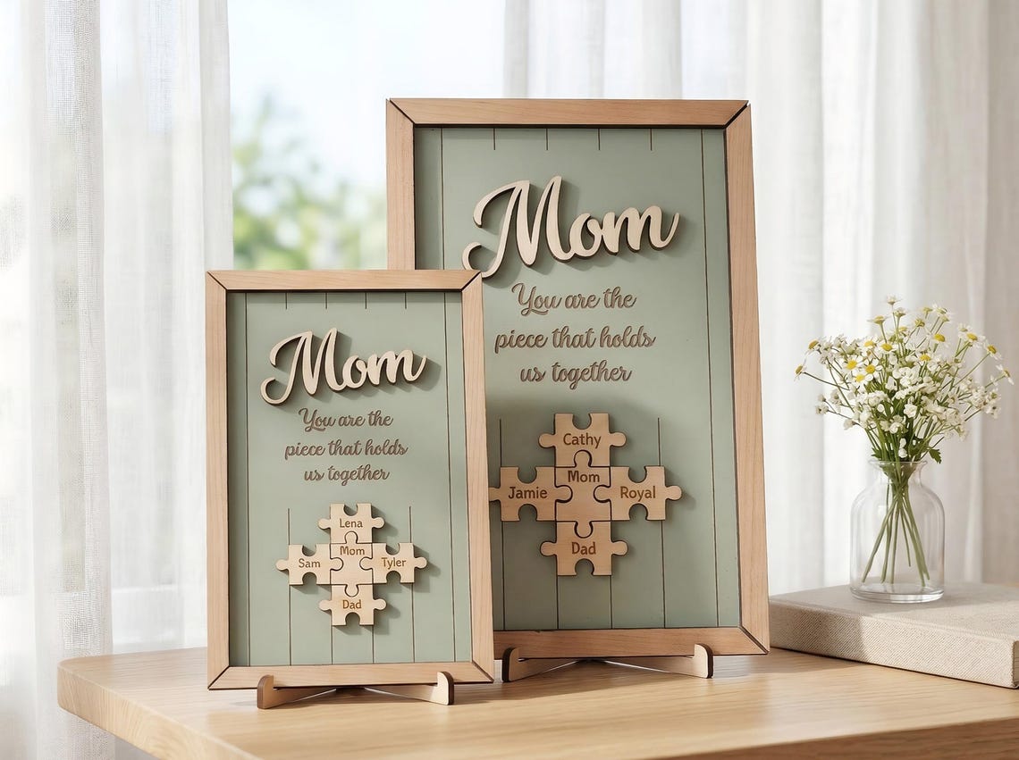 Personalized Mothers Day Gift for Mom, Custom Puzzle Piece Wood Sign, Gift for Grandma Nana Mimi, Family Names, Piece That Holds Us Together