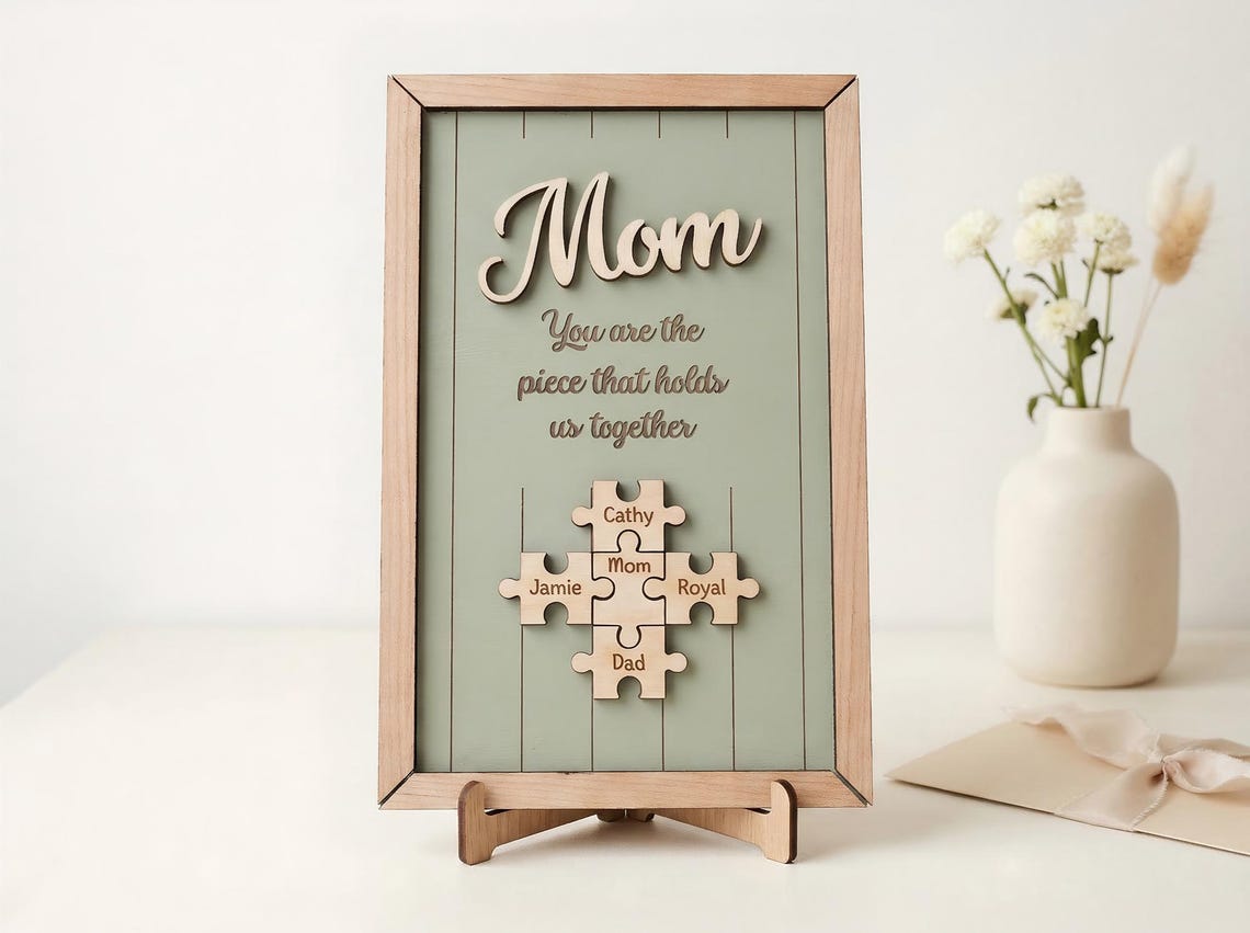 Personalized Mothers Day Gift for Mom, Custom Puzzle Piece Wood Sign, Gift for Grandma Nana Mimi, Family Names, Piece That Holds Us Together