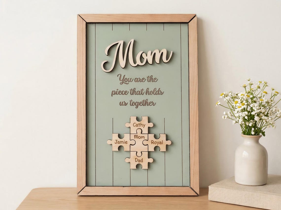 Personalized Mothers Day Gift for Mom, Custom Puzzle Piece Wood Sign, Gift for Grandma Nana Mimi, Family Names, Piece That Holds Us Together