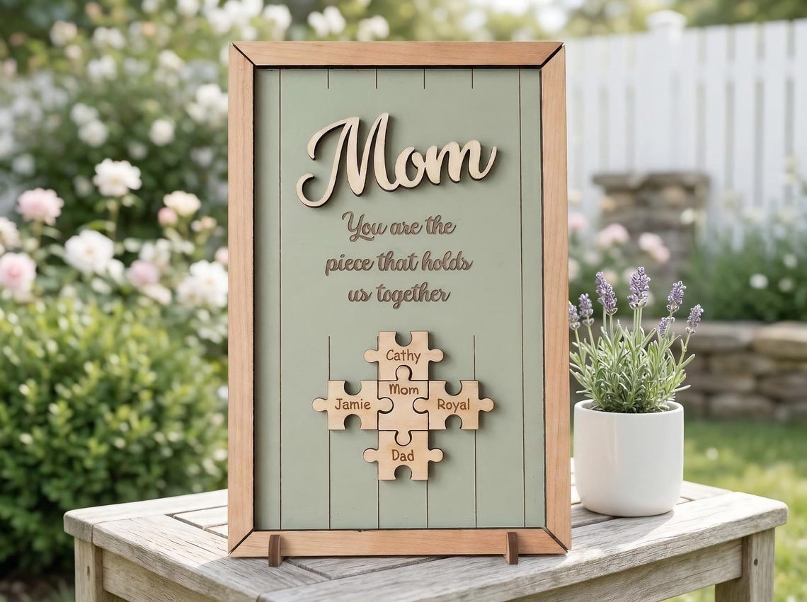 Personalized Mothers Day Gift for Mom, Custom Puzzle Piece Wood Sign, Gift for Grandma Nana Mimi, Family Names, Piece That Holds Us Together