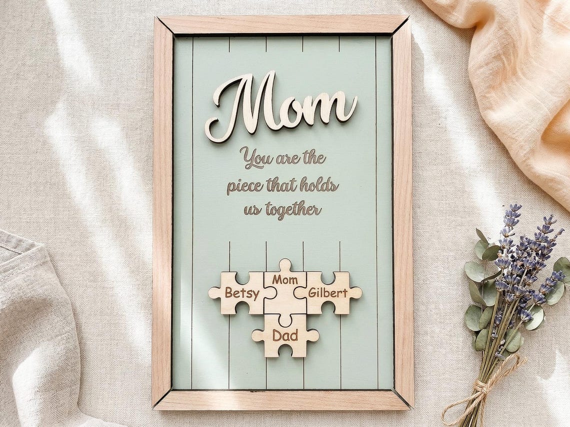 Mom You Are the Piece That Holds Us Together, Personalized Wooden Puzzle Sign, Mothers Day Gift for Mom, Custom Family Name Wall Decor