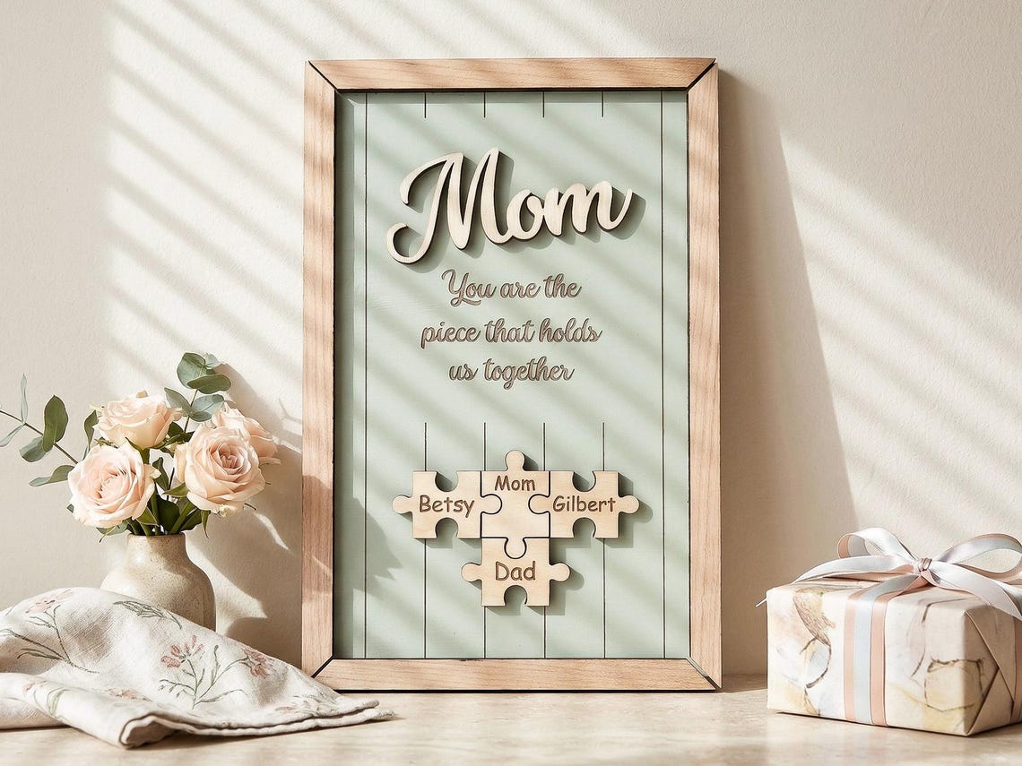 Mom You Are the Piece That Holds Us Together, Personalized Wooden Puzzle Sign, Mothers Day Gift for Mom, Custom Family Name Wall Decor