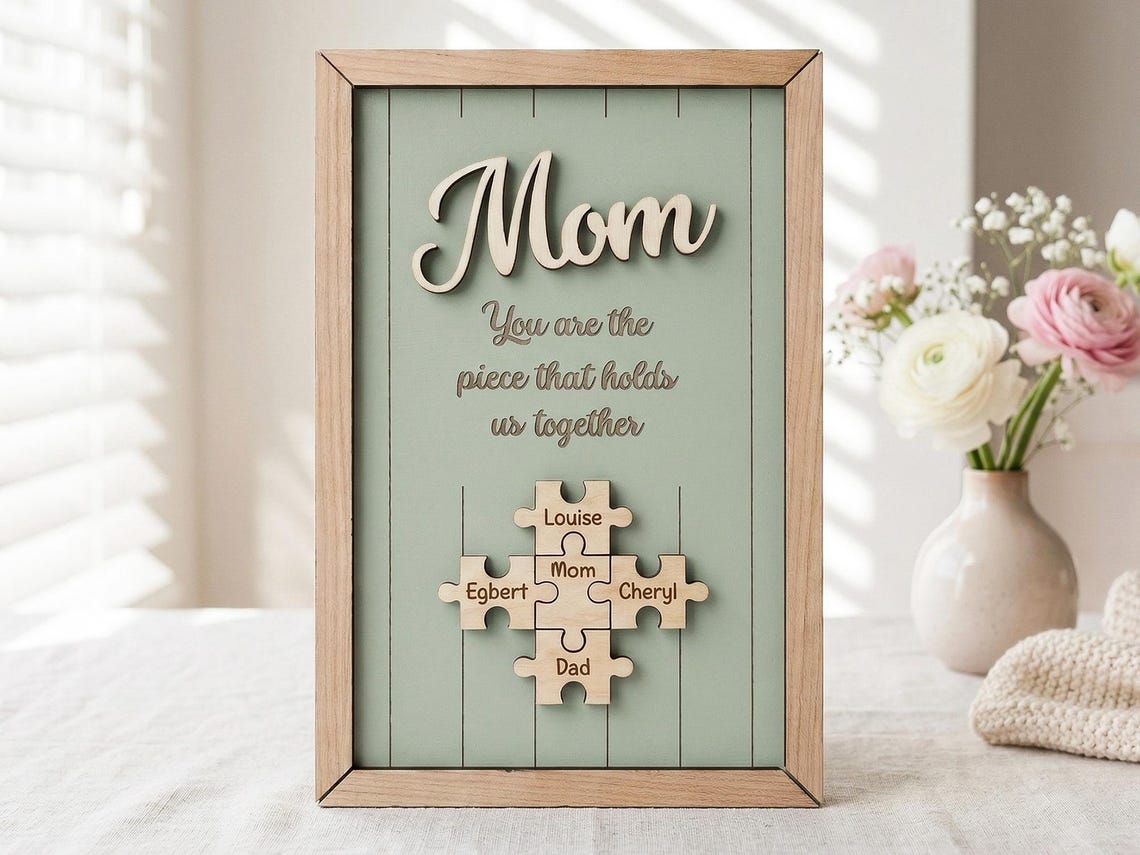 Mom You Are the Piece That Holds Us Together, Personalized Wooden Puzzle Sign, Mothers Day Gift for Mom, Custom Family Name Wall Decor