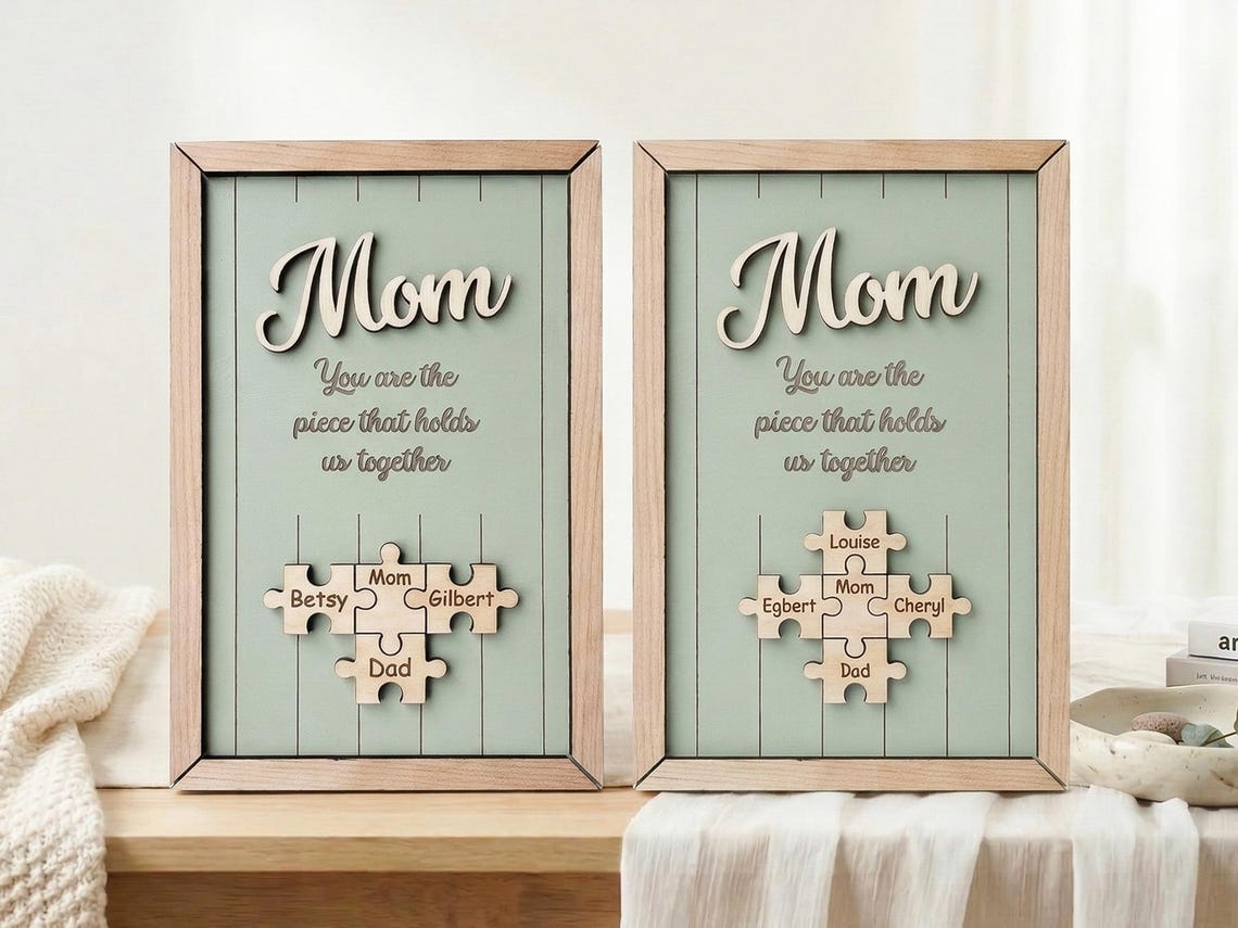 Mom You Are the Piece That Holds Us Together, Personalized Wooden Puzzle Sign, Mothers Day Gift for Mom, Custom Family Name Wall Decor