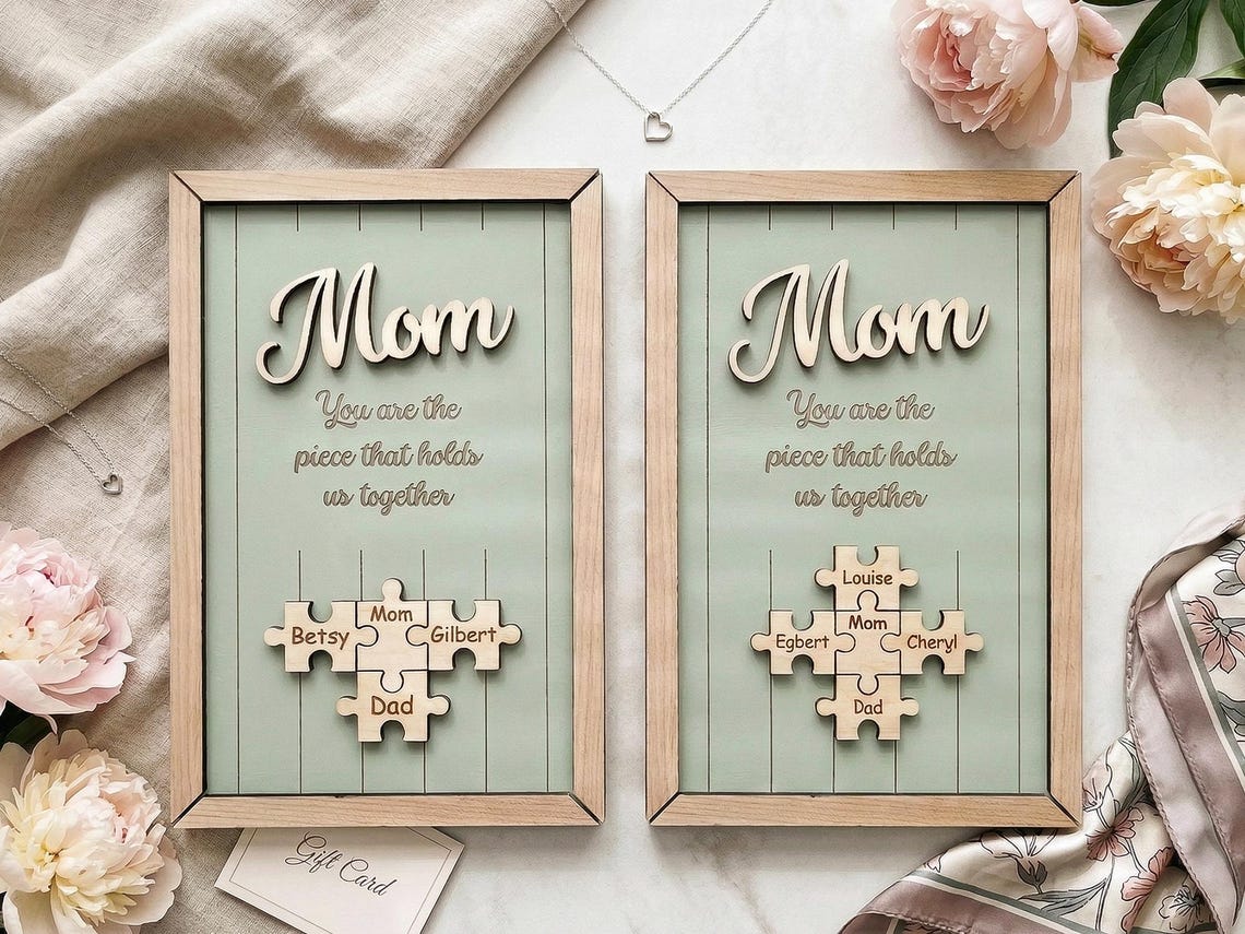 Mom You Are the Piece That Holds Us Together, Personalized Wooden Puzzle Sign, Mothers Day Gift for Mom, Custom Family Name Wall Decor