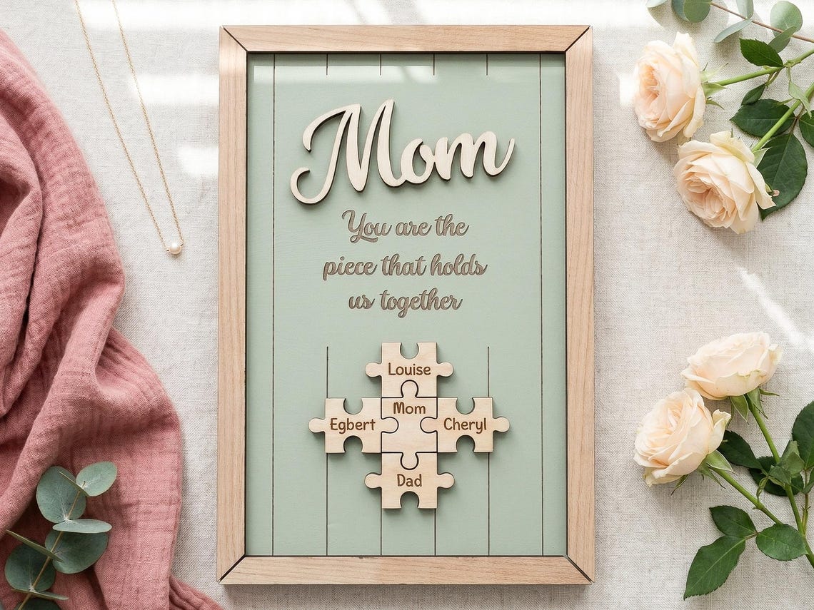 Mom You Are the Piece That Holds Us Together, Personalized Wooden Puzzle Sign, Mothers Day Gift for Mom, Custom Family Name Wall Decor