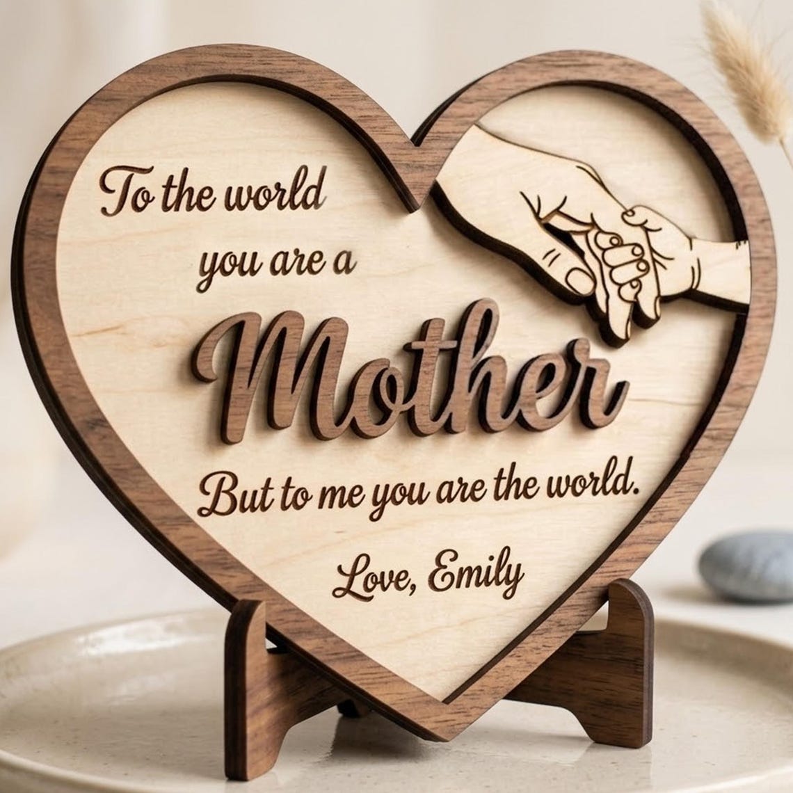Personalized Wooden Heart Sign, Mother Gift, Engraved Mom Plaque, Custom Name Sign, Holding Hands Design, Mother’s Day Gift, Family Keepsake