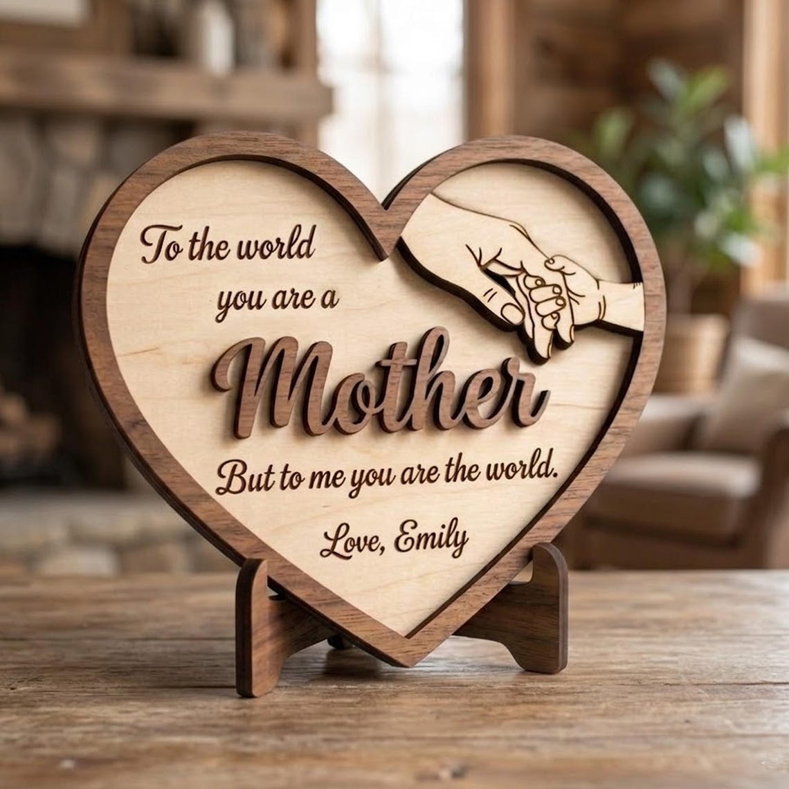 Personalized Wooden Heart Sign, Mother Gift, Engraved Mom Plaque, Custom Name Sign, Holding Hands Design, Mother’s Day Gift, Family Keepsake