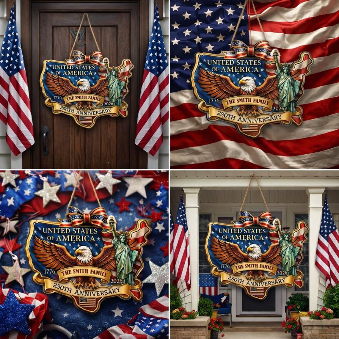 Personalized American 250th Anniversary Door Sign, 1776-2026 Patriotic USA Wooden Door Sign Semiquincentennial, Veteran Gift, 4th of July