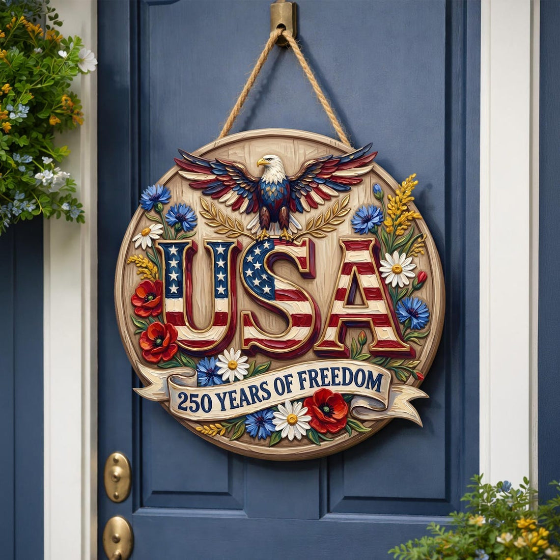 USA 250th Anniversary Wood Door Hanger, Patriotic Eagle Wreath, 250 Years of Freedom Sign, Semiquincentennial Decor, 1776-2026 America Gift