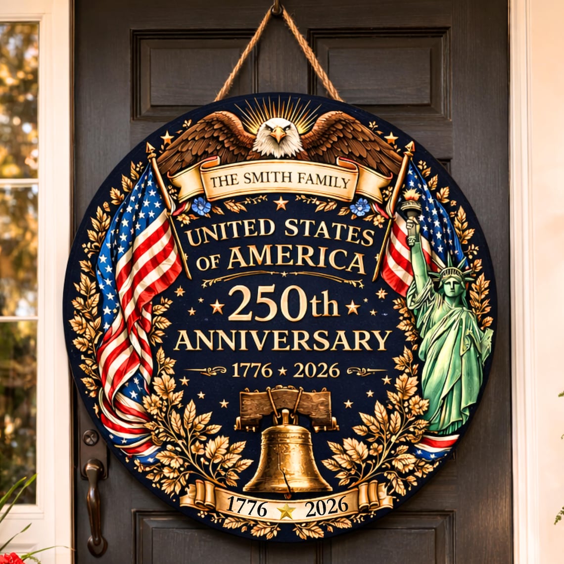 250th Anniversary Wood Wreath Personalized Patriotic Door Sign Decor 1776-2026 Family Name Gift