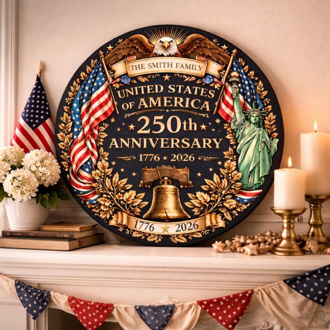 250th Anniversary Wood Wreath Personalized Patriotic Door Sign Decor 1776-2026 Family Name Gift