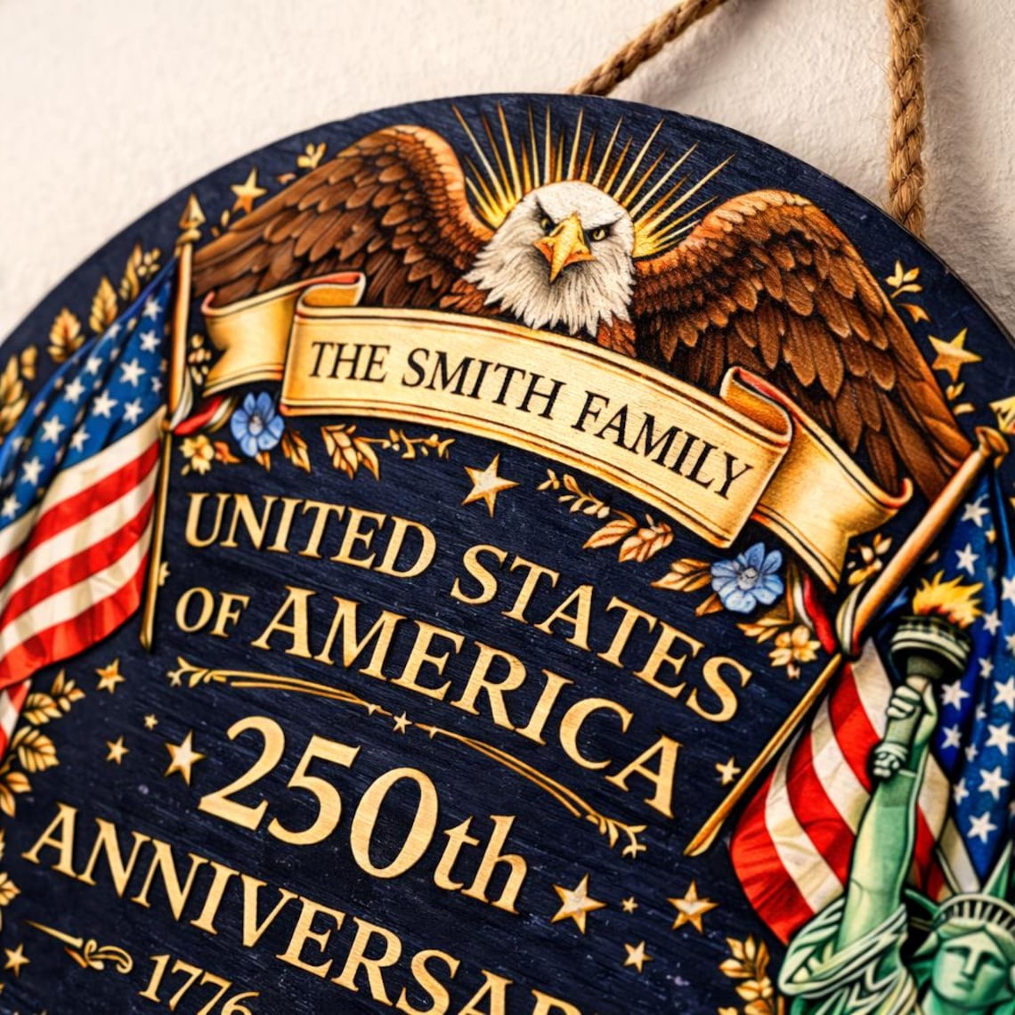 250th Anniversary Wood Wreath Personalized Patriotic Door Sign Decor 1776-2026 Family Name Gift