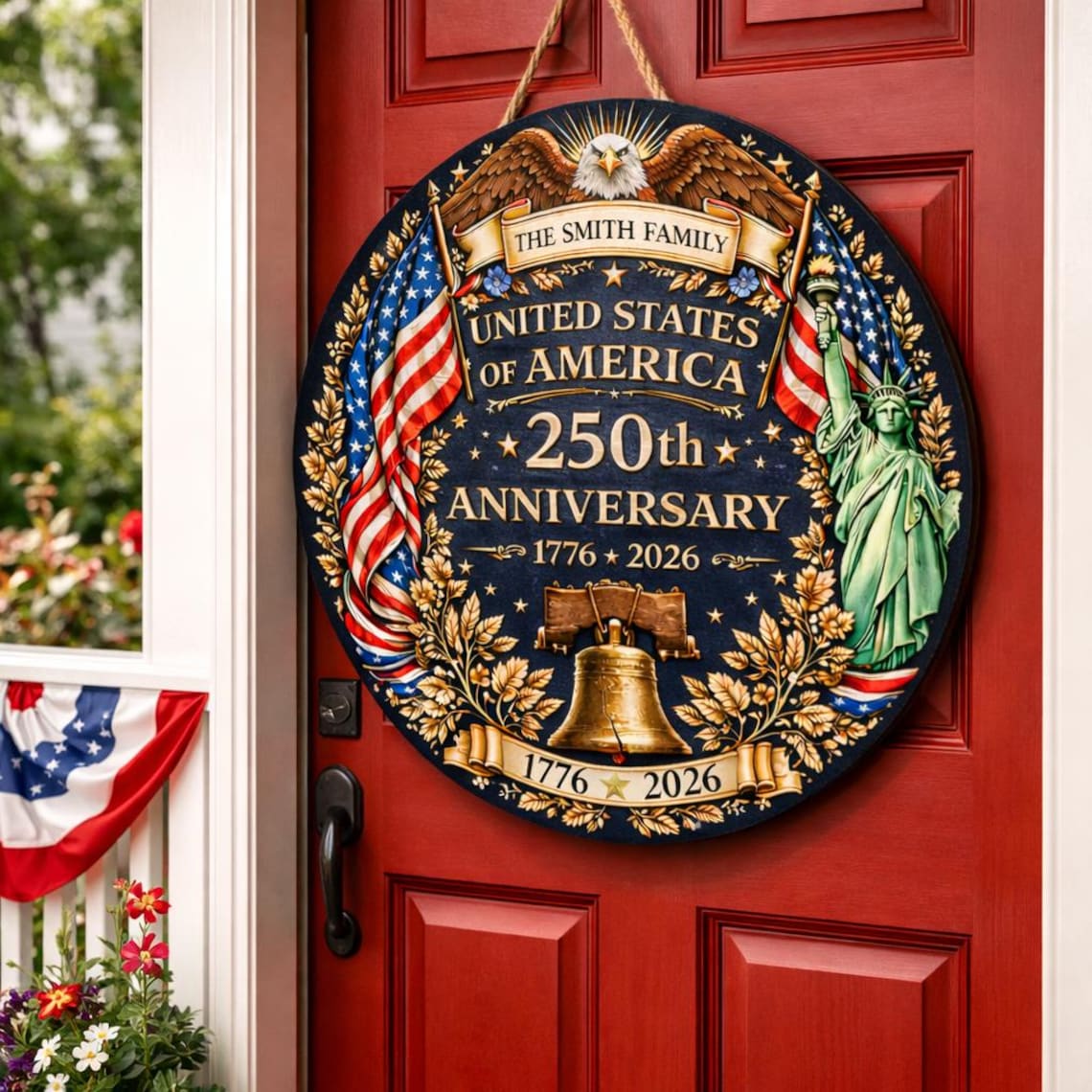 250th Anniversary Wood Wreath Personalized Patriotic Door Sign Decor 1776-2026 Family Name Gift