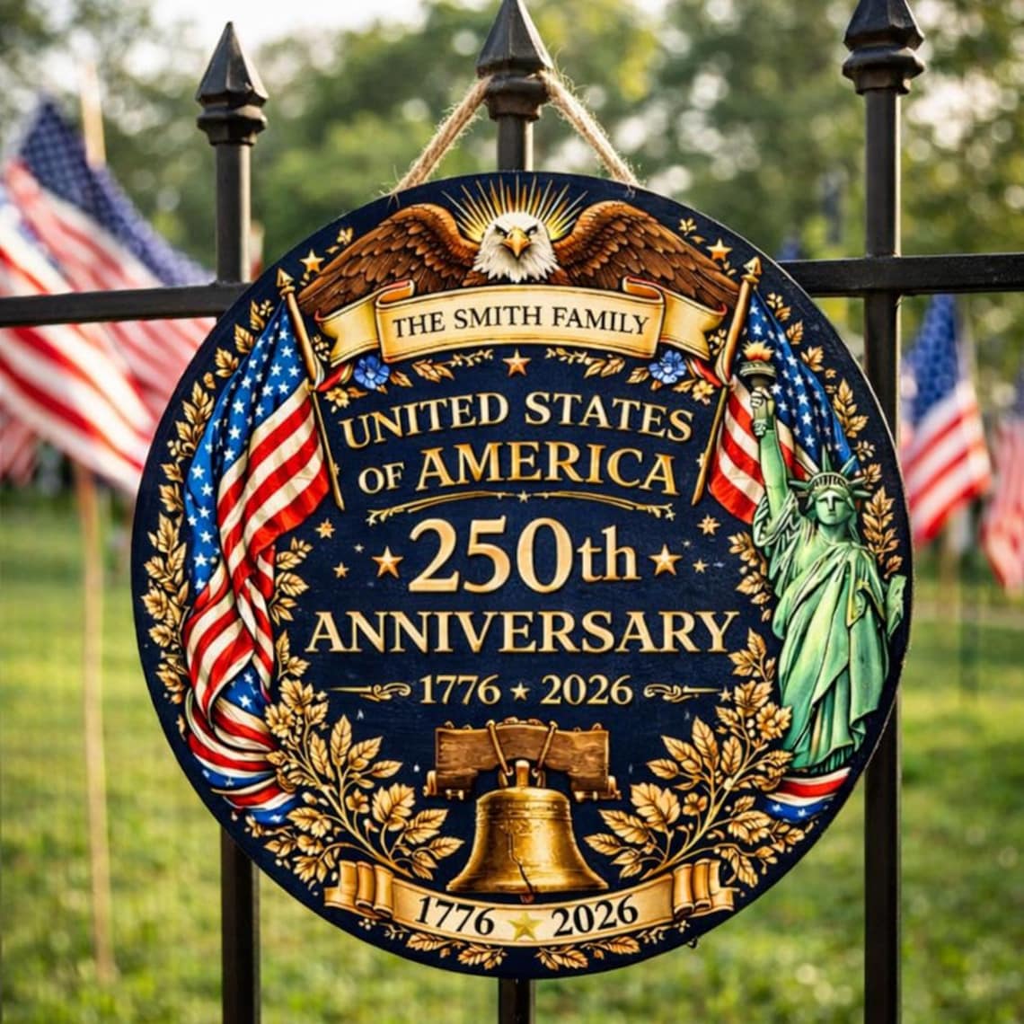 250th Anniversary Wood Wreath Personalized Patriotic Door Sign Decor 1776-2026 Family Name Gift