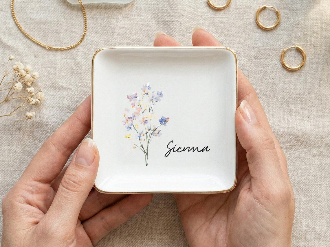 Personalized Bridesmaid Jewelry Dish, Custom Birth Flower Ring Dish, Bridal Party Gift