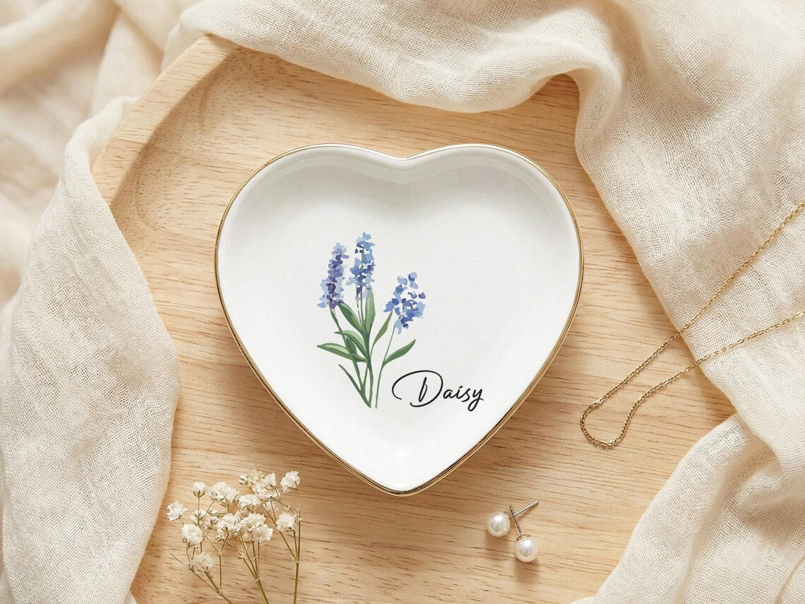 Personalized Bridesmaid Jewelry Dish, Custom Birth Flower Ring Dish, Bridal Party Gift