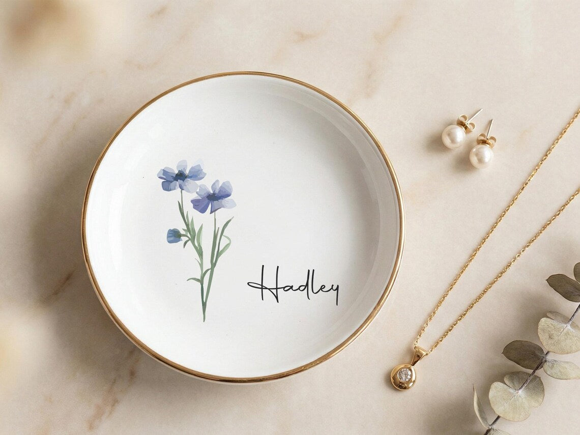 Personalized Bridesmaid Jewelry Dish, Custom Birth Flower Ring Dish, Bridal Party Gift