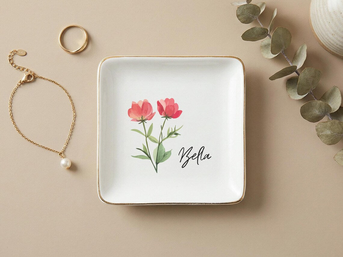 Personalized Bridesmaid Jewelry Dish, Custom Birth Flower Ring Dish, Bridal Party Gift