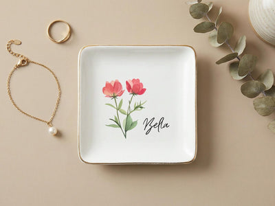 Personalized Bridesmaid Jewelry Dish, Custom Birth Flower Ring Dish, Bridal Party Gift