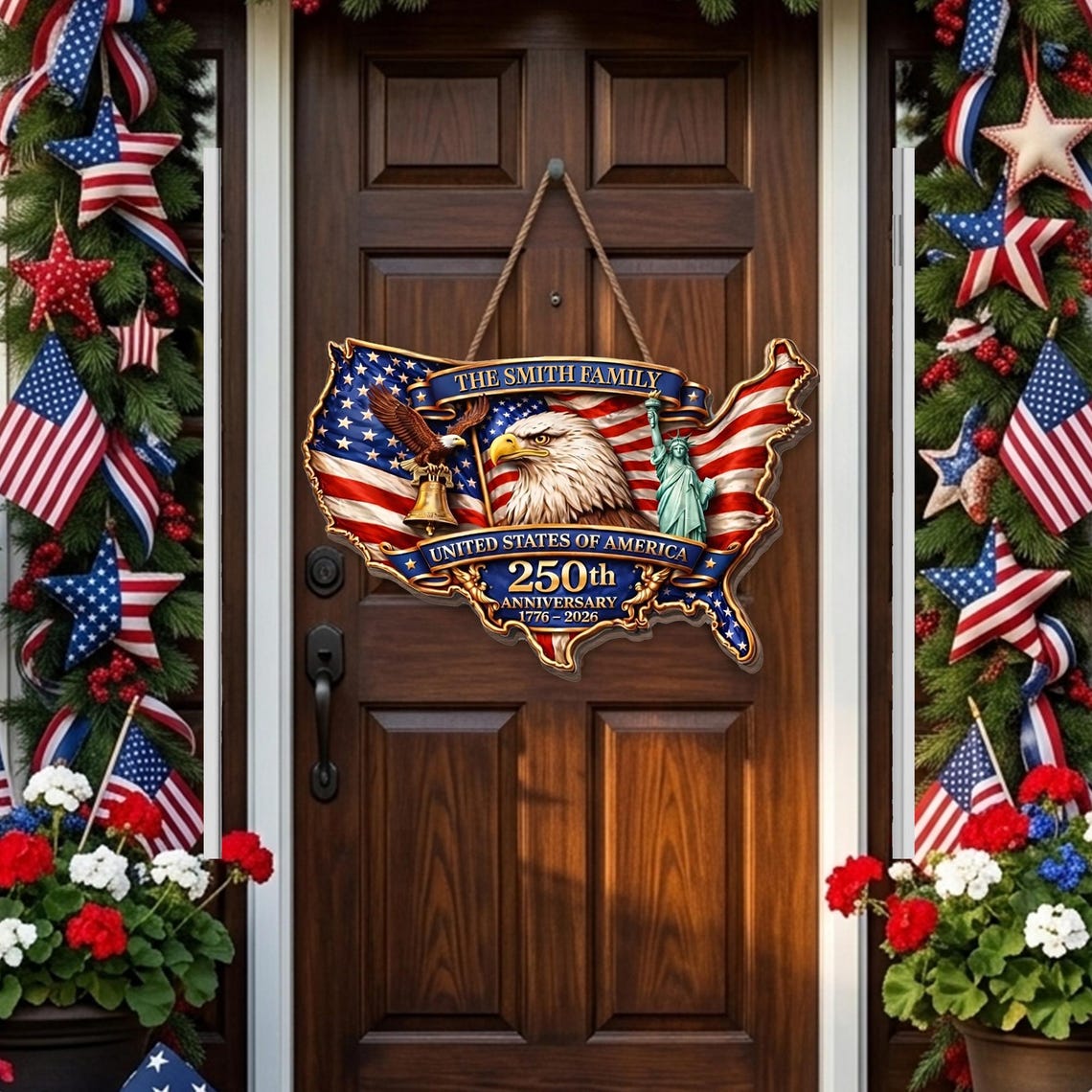 250th Anniversary Wood Wreath Personalized Patriotic Door Sign Decor 1776-2026 Family Name Gift