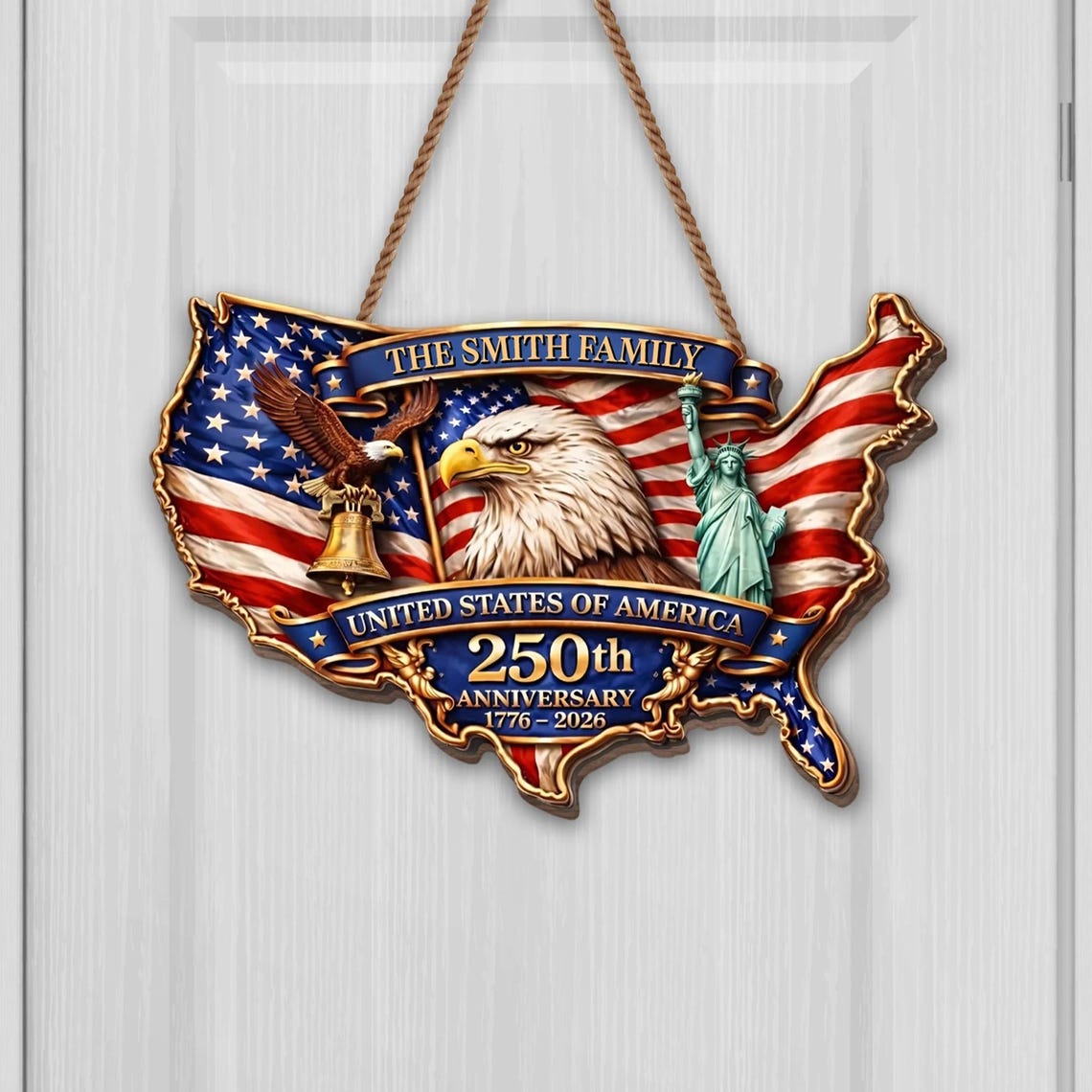 250th Anniversary Wood Wreath Personalized Patriotic Door Sign Decor 1776-2026 Family Name Gift