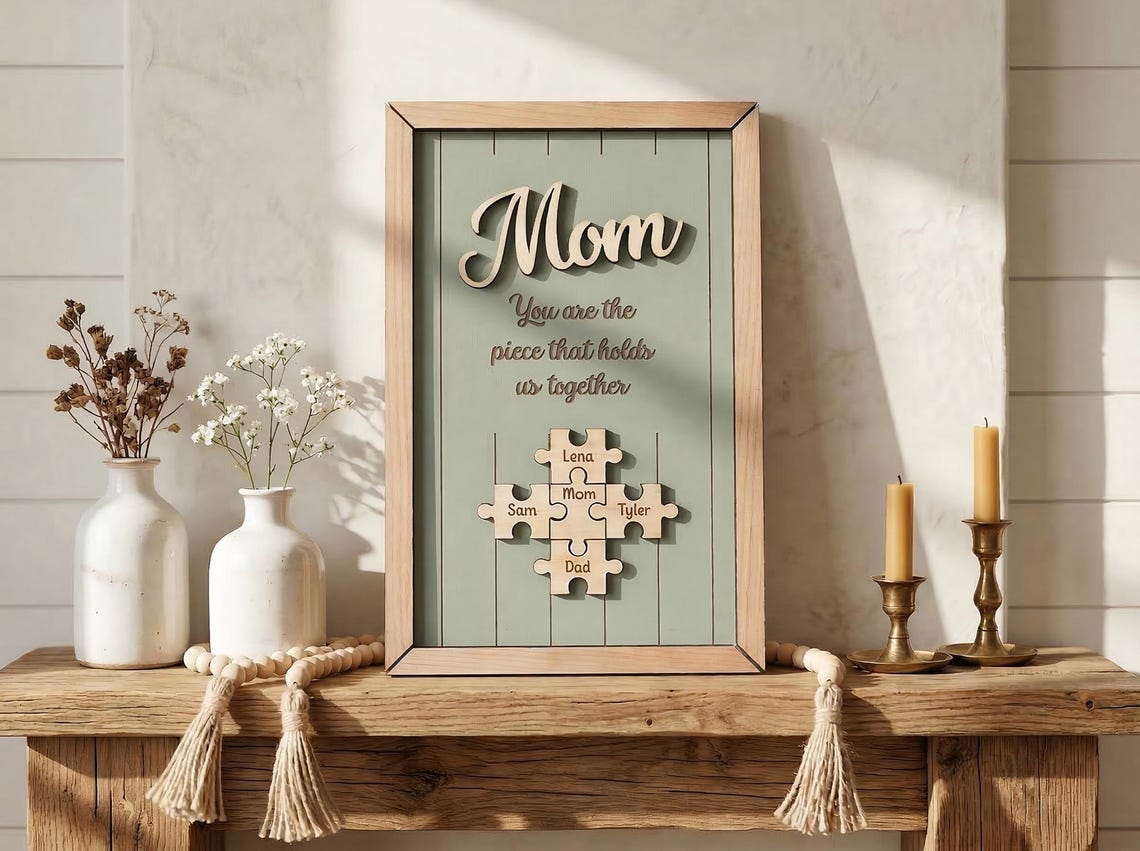 Personalized Mothers Day Gift for Mom, Custom Puzzle Piece Wood Sign, Gift for Grandma Nana Mimi, Family Names, Piece That Holds Us Together