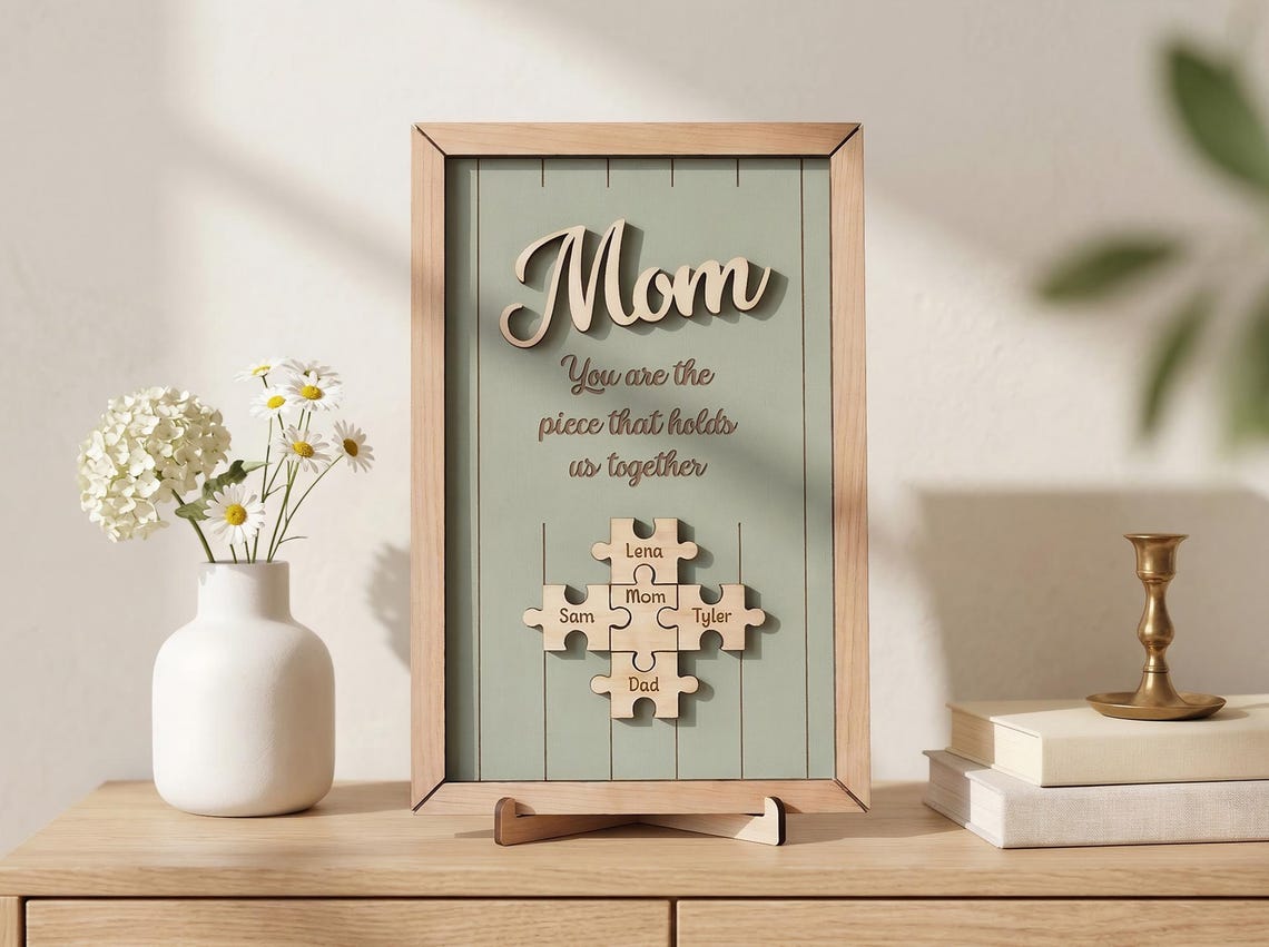Personalized Mothers Day Gift for Mom, Custom Puzzle Piece Wood Sign, Gift for Grandma Nana Mimi, Family Names, Piece That Holds Us Together