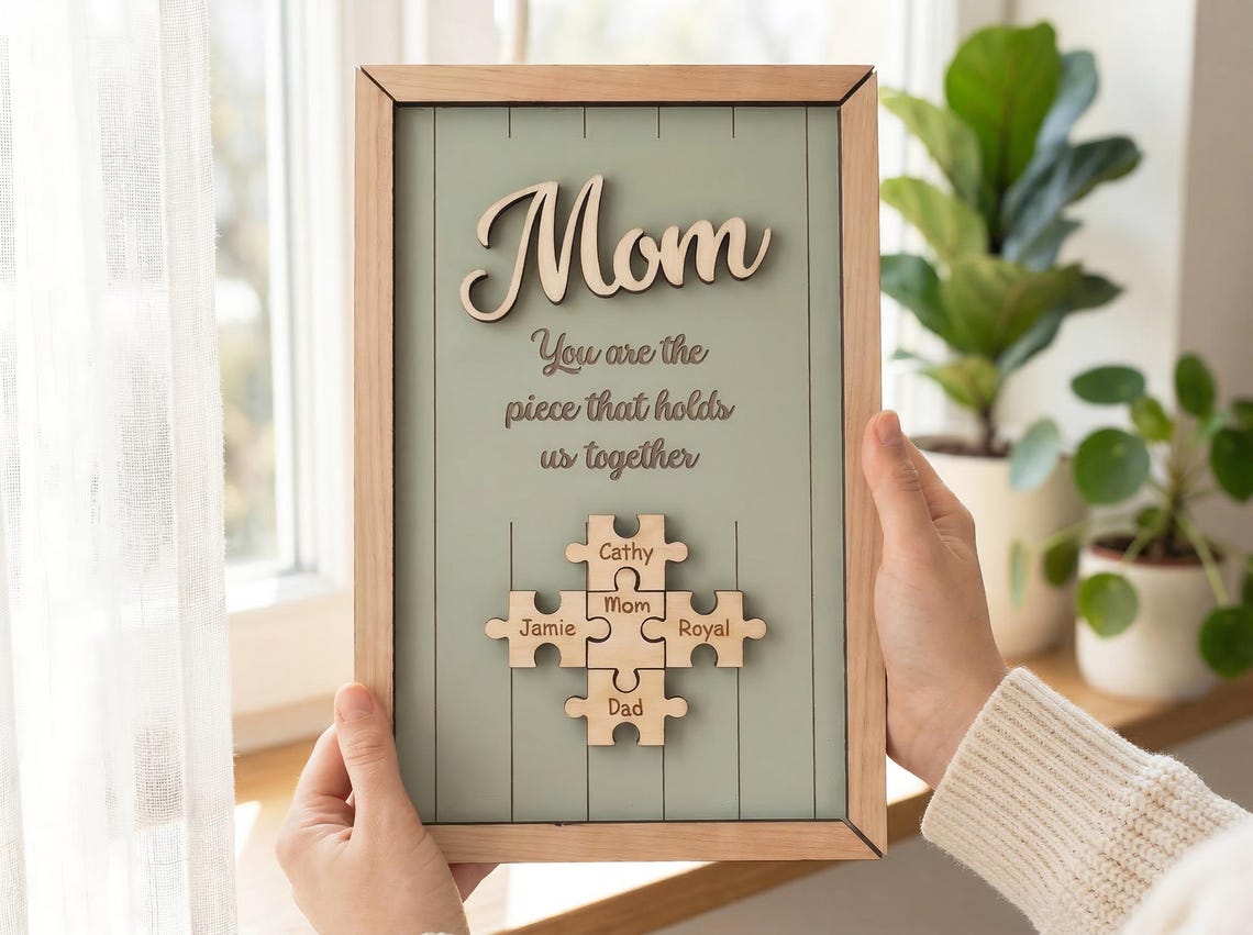 Personalized Mothers Day Gift for Mom, Custom Puzzle Piece Wood Sign, Gift for Grandma Nana Mimi, Family Names, Piece That Holds Us Together