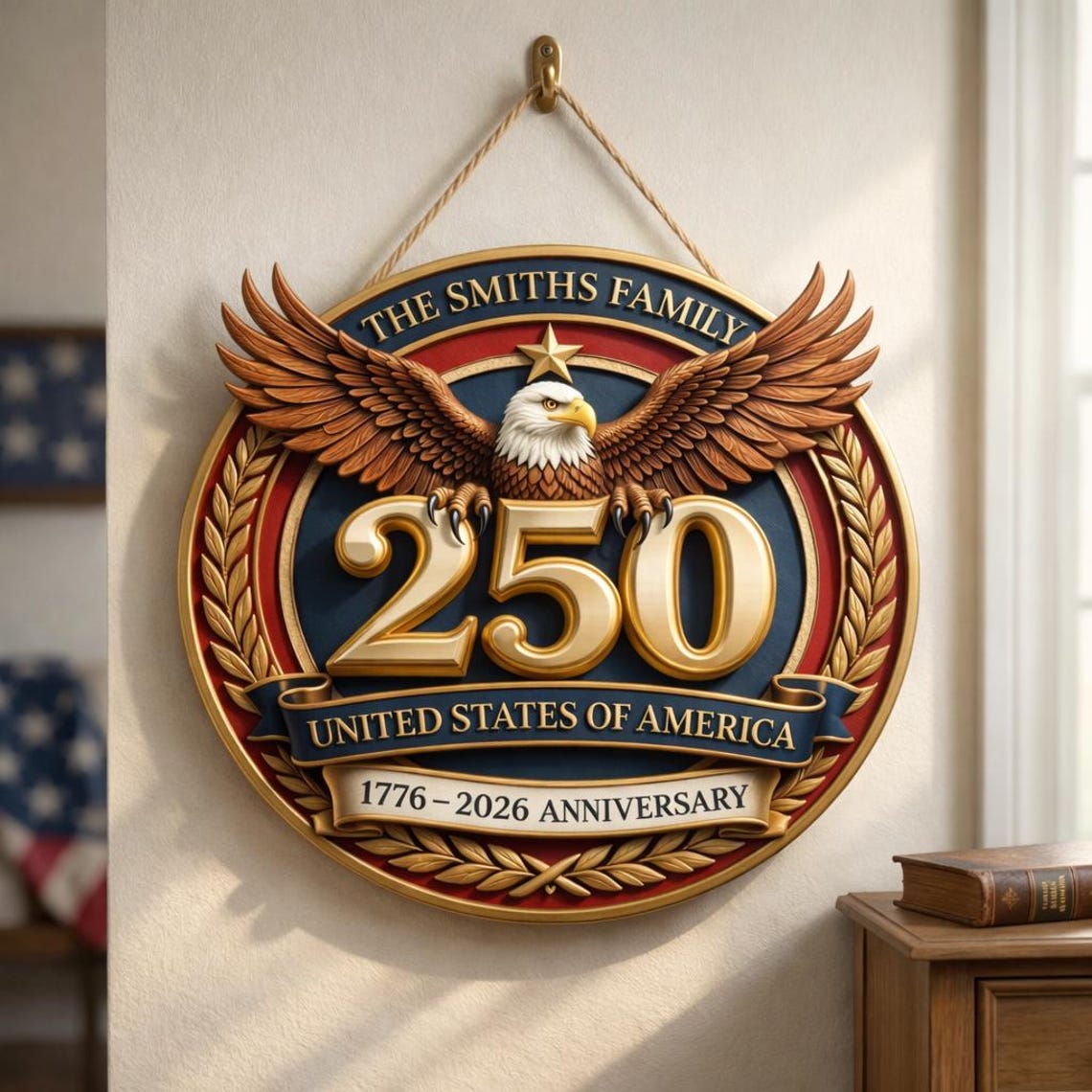 Personalized America 250th Anniversary Patriotuc Eagle Door Hanger, Custom Family Name Patriotic Sign, USA 1776–2026 Wall Decor