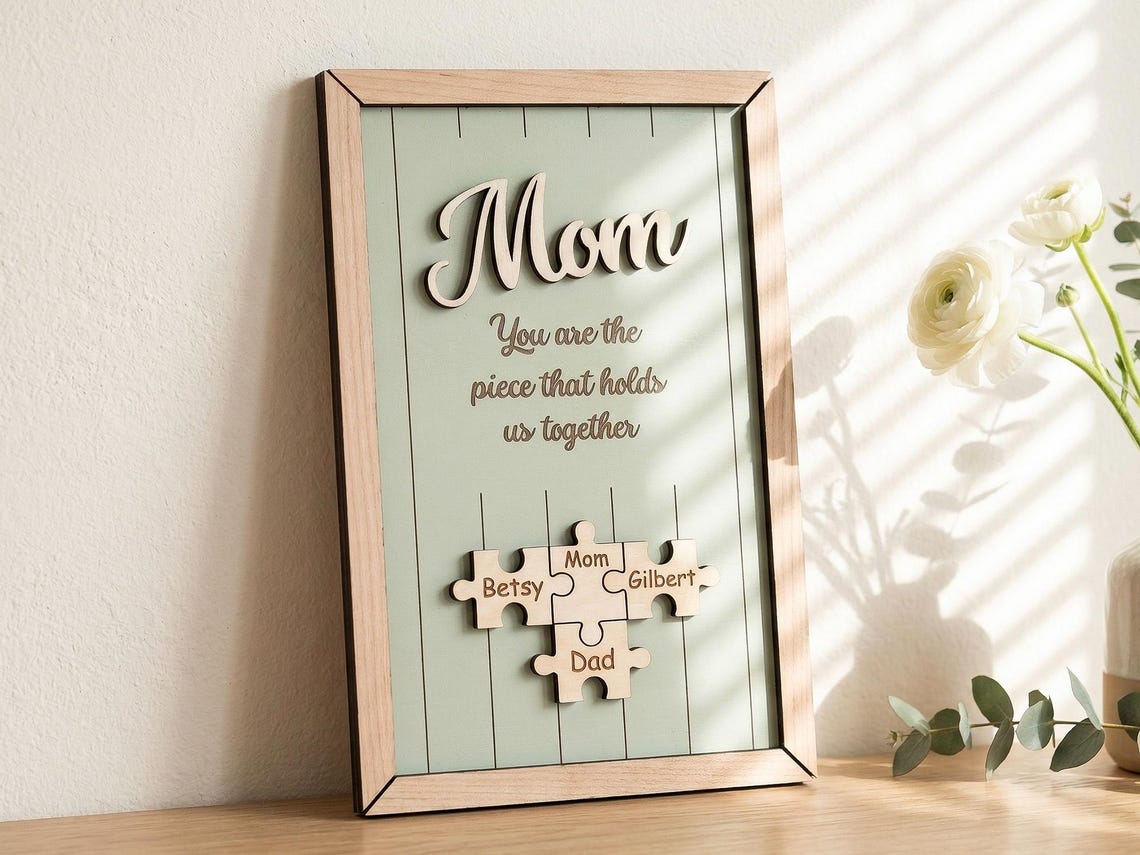 Mom You Are the Piece That Holds Us Together, Personalized Wooden Puzzle Sign, Mothers Day Gift for Mom, Custom Family Name Wall Decor