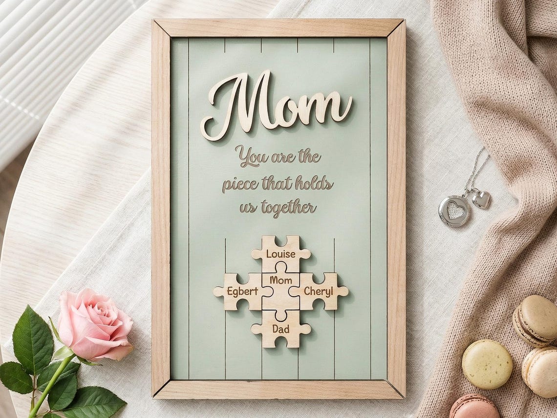 Mom You Are the Piece That Holds Us Together, Personalized Wooden Puzzle Sign, Mothers Day Gift for Mom, Custom Family Name Wall Decor