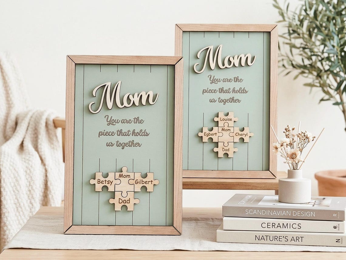 Mom You Are the Piece That Holds Us Together, Personalized Wooden Puzzle Sign, Mothers Day Gift for Mom, Custom Family Name Wall Decor