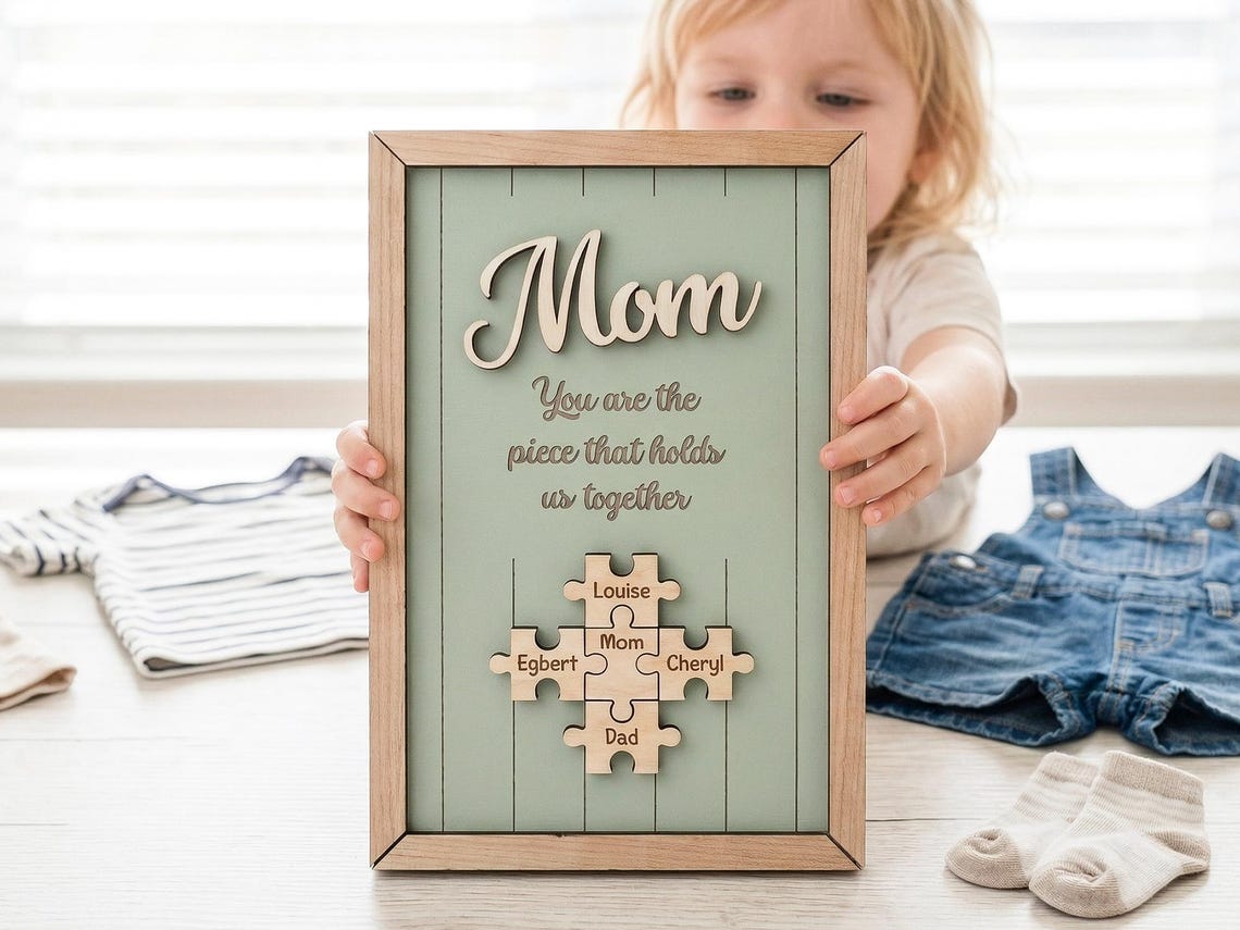 Mom You Are the Piece That Holds Us Together, Personalized Wooden Puzzle Sign, Mothers Day Gift for Mom, Custom Family Name Wall Decor
