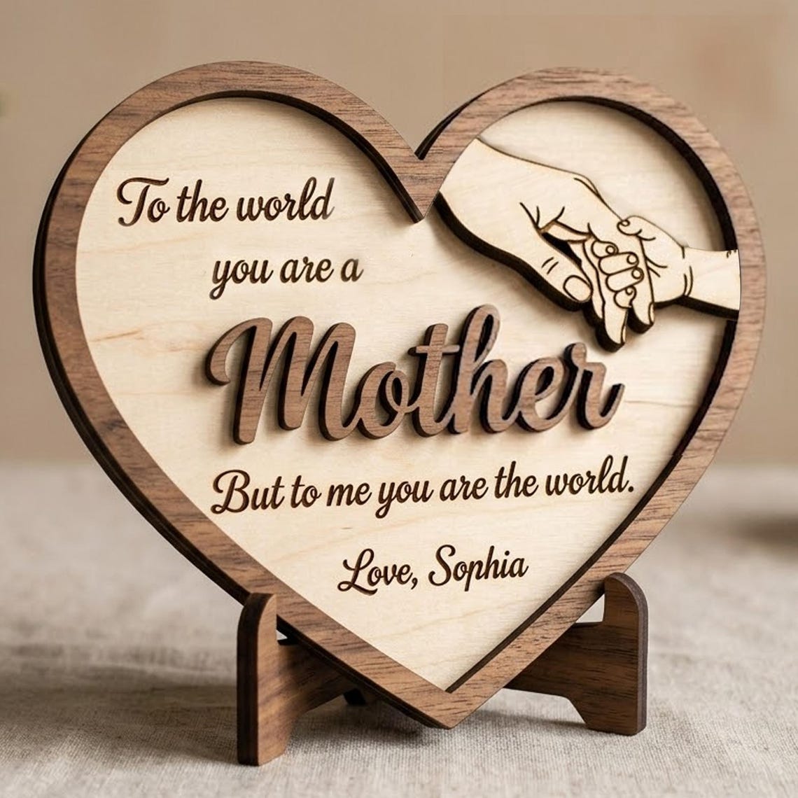 Personalized Wooden Heart Sign, Mother Gift, Engraved Mom Plaque, Custom Name Sign, Holding Hands Design, Mother’s Day Gift, Family Keepsake