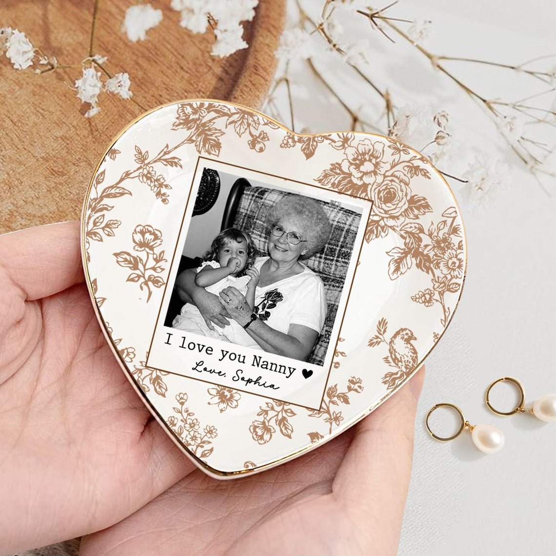 Personalized Mom Photo Jewelry Tray, Custom Toile De Jouy Mom Photo Ring Dish