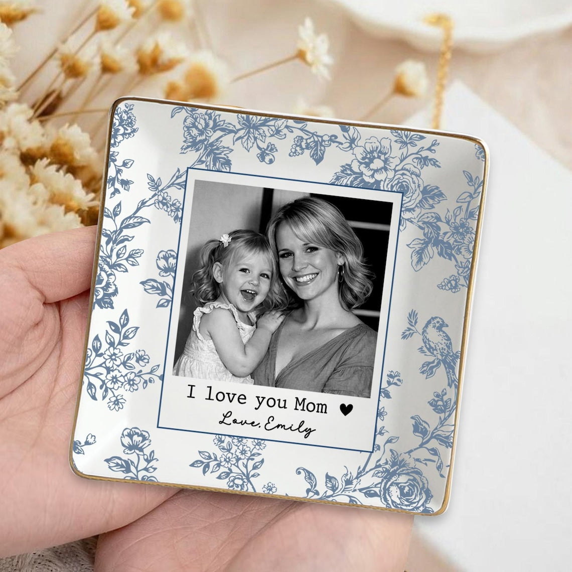 Personalized Mom Photo Jewelry Tray, Custom Toile De Jouy Mom Photo Ring Dish