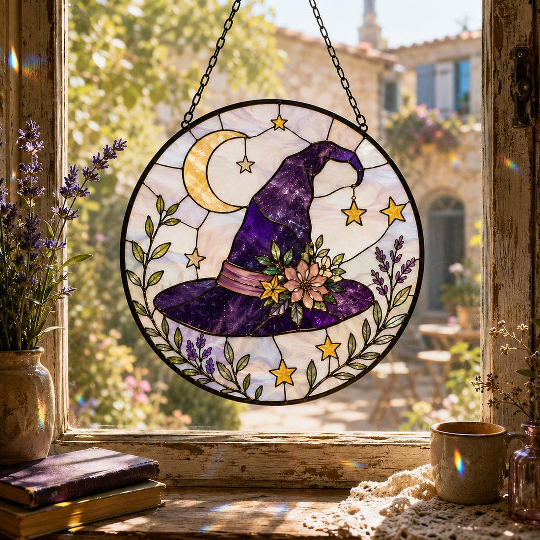 Witch Hat Suncatcher, Halloween Window Hanging for Witchy Decor Lovers, Purple Stained Glass Style Gift
