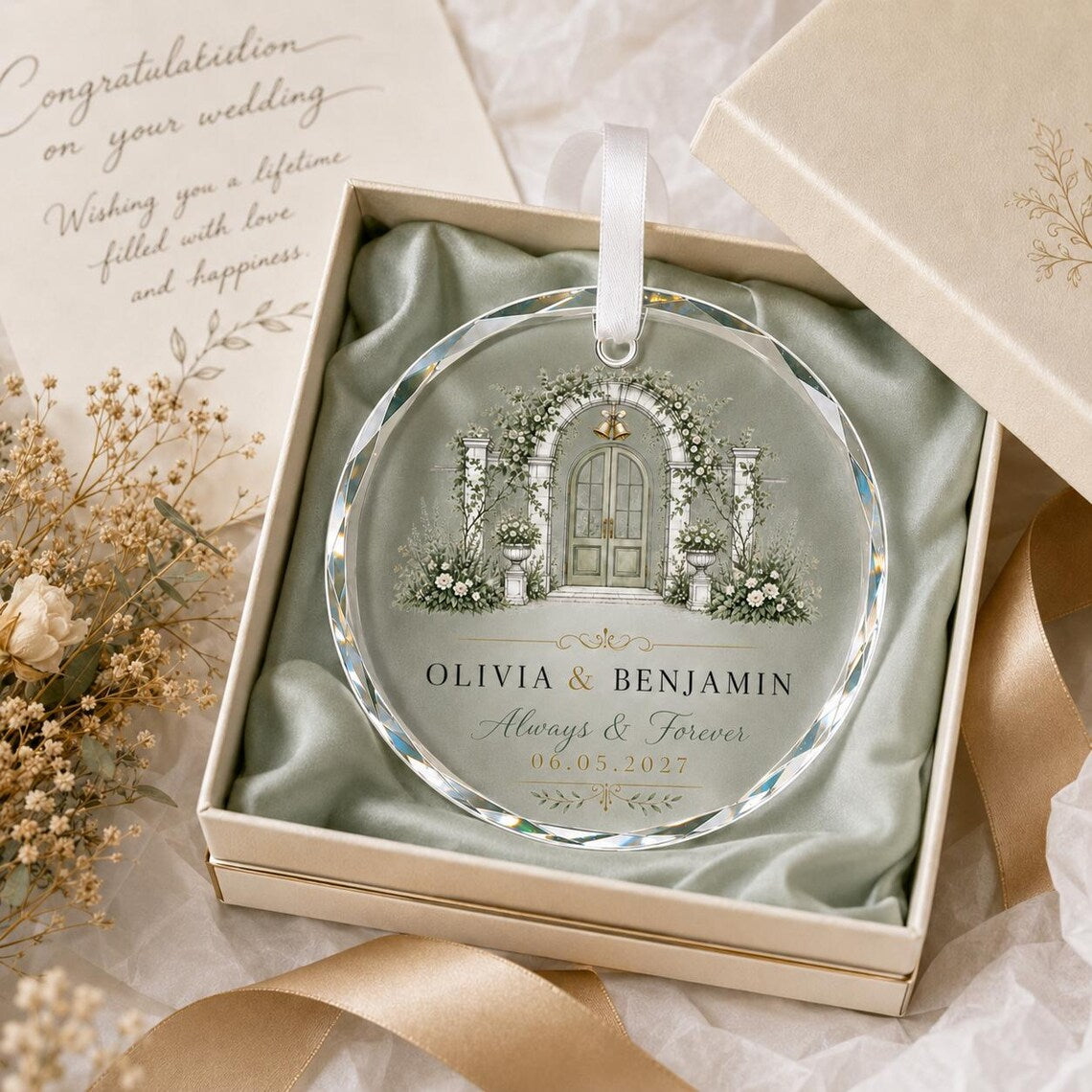 Personalized Wedding Crystal Ornament Custom Couple Names & Special Date