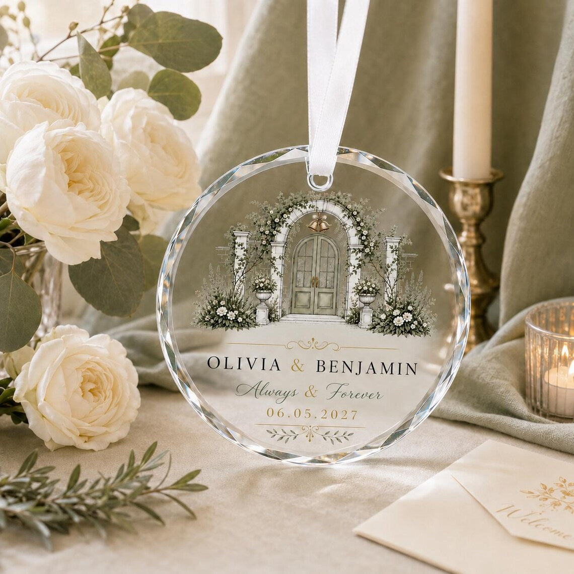 Personalized Wedding Crystal Ornament Custom Couple Names & Special Date