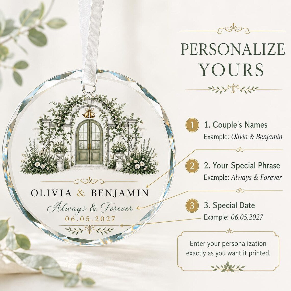 Personalized Wedding Crystal Ornament Custom Couple Names & Special Date