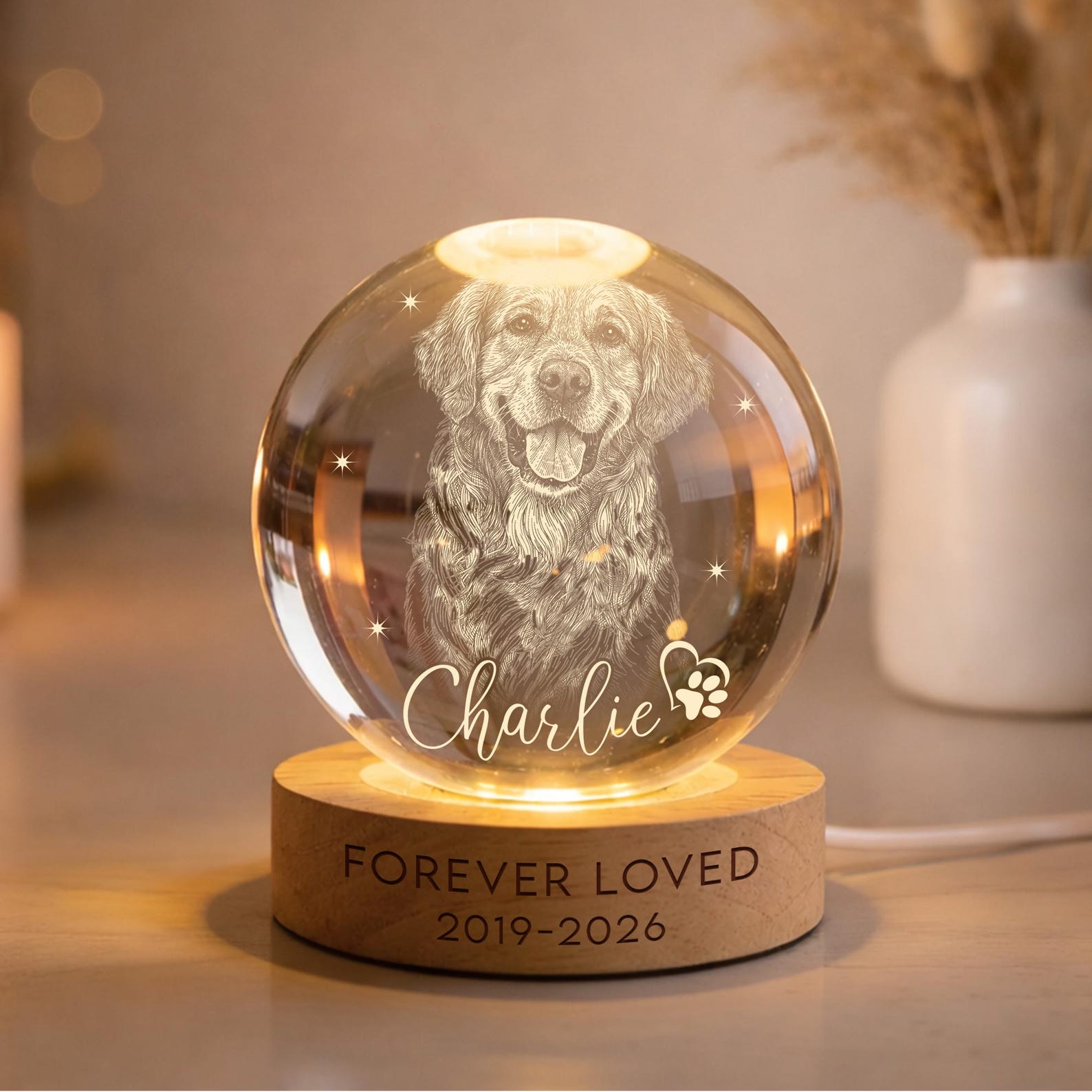Personalized Pet Memorial Night Light, Pet Portrait Crystal Ball Night Light