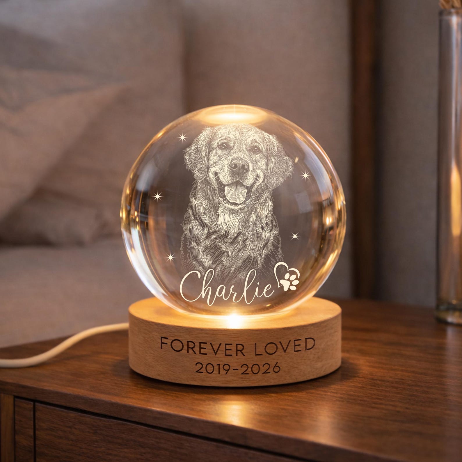 Personalized Pet Memorial Night Light, Pet Portrait Crystal Ball Night Light