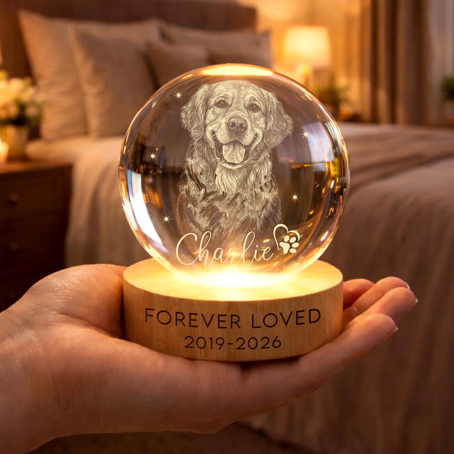 Personalized Pet Memorial Night Light, Pet Portrait Crystal Ball Night Light