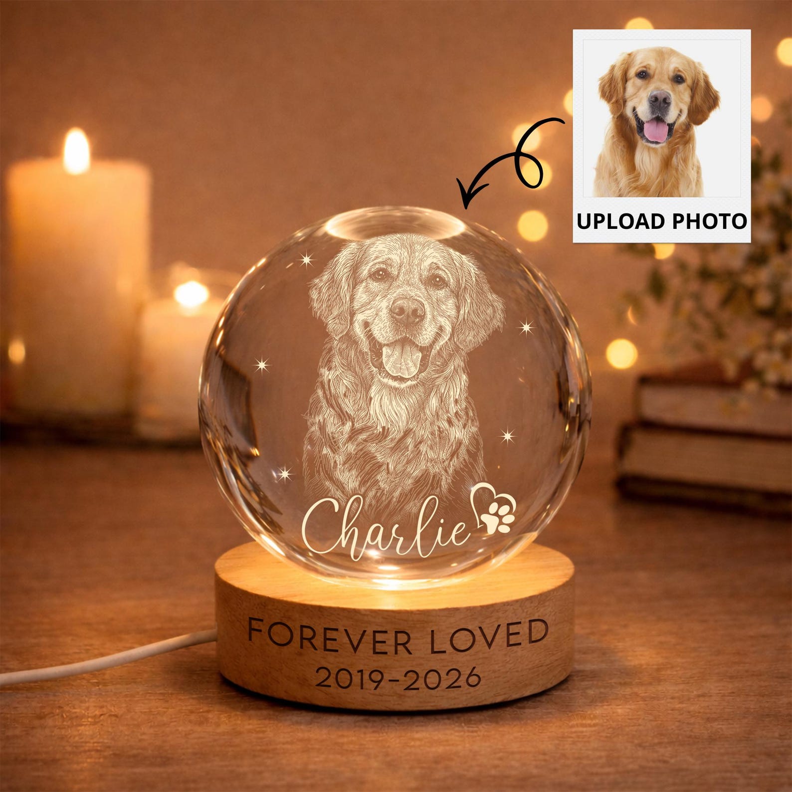 Personalized Pet Memorial Night Light, Pet Portrait Crystal Ball Night Light