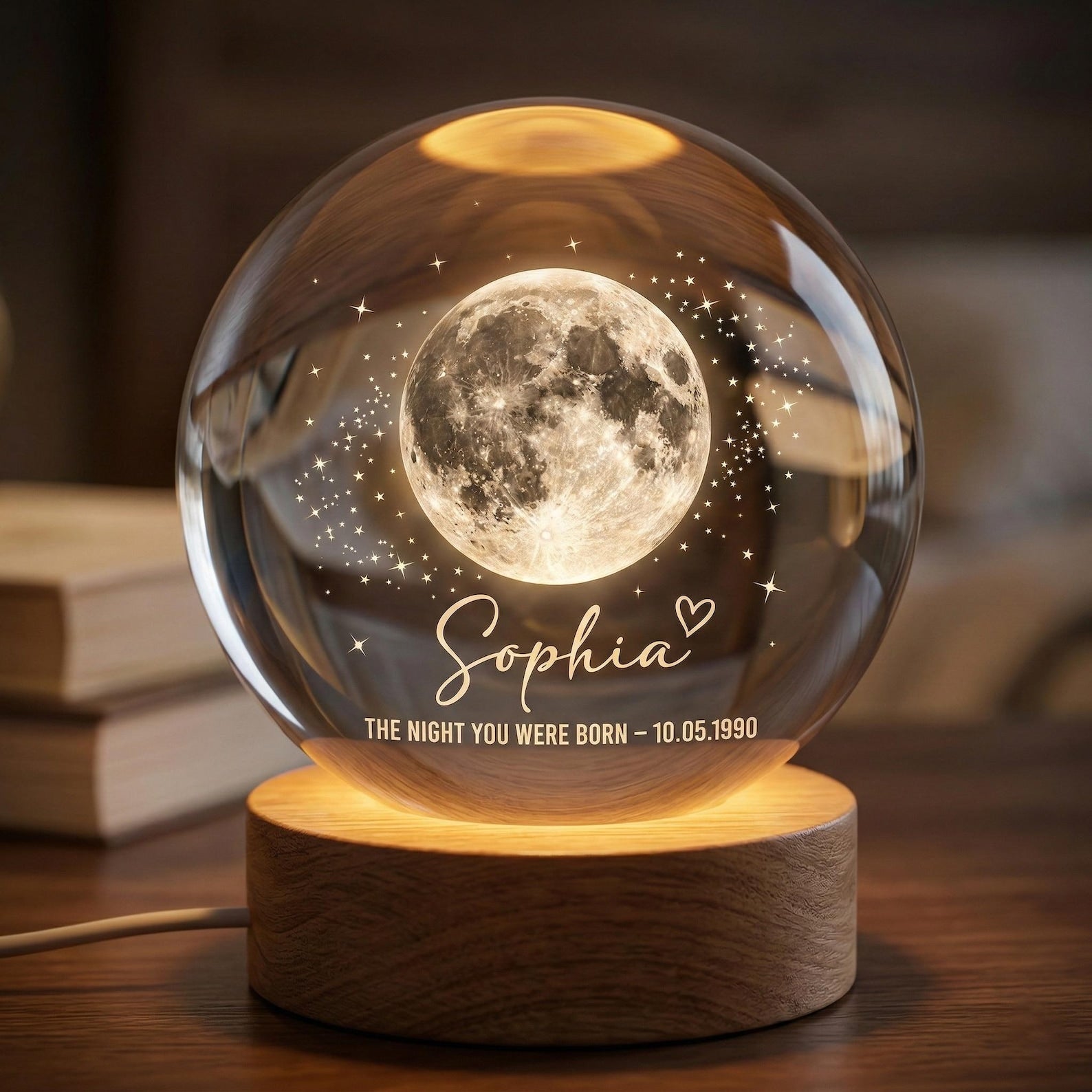 Personalized Crystal Ball LED Night Light, Custom Moon Phase The Day You Were Born